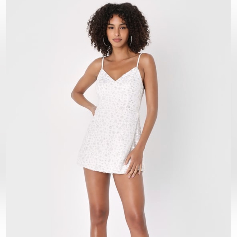 LULUS glittering romantic white sequin sleeveless skort romper